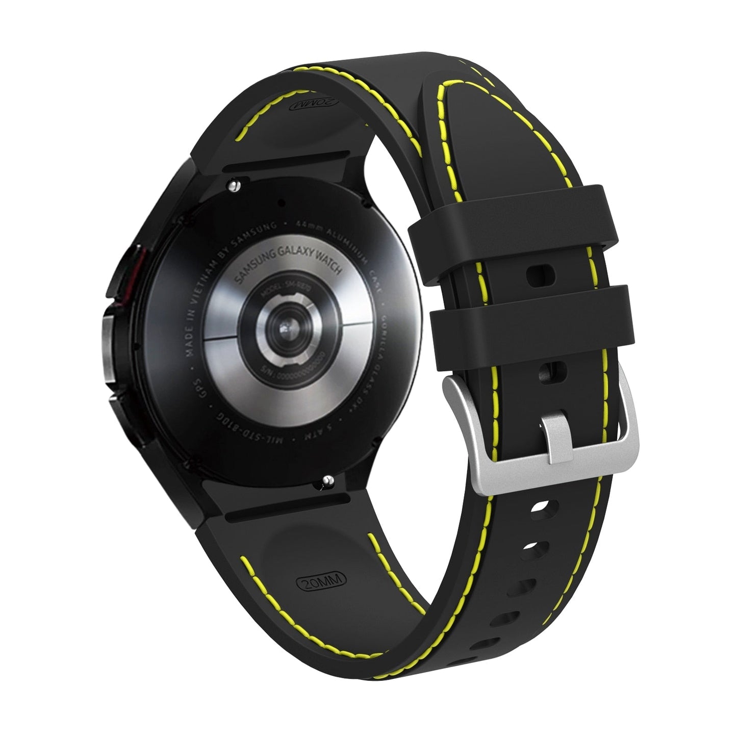 20mm Samsung Galaxy Watch Strap/Band | Black/Yellow Silicone Stitched Strap/Band