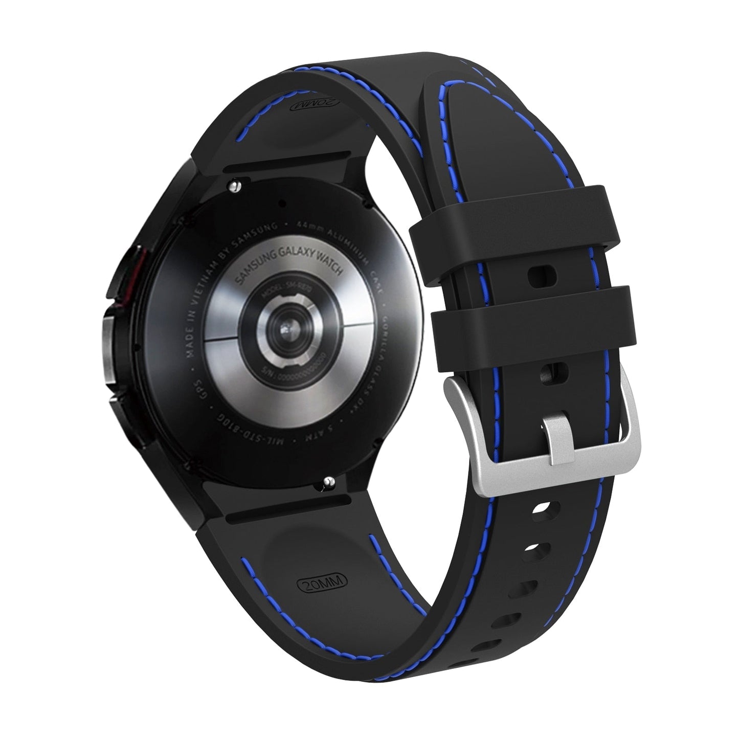 20mm Samsung Galaxy Watch Strap/Band | Black/Blue Silicone Stitched Strap/Band
